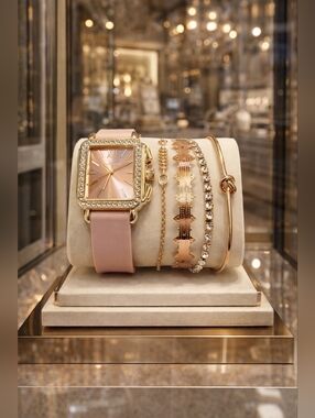 Rose Gold-Tone Women's Watch and Bracelet Set - Pink Strap